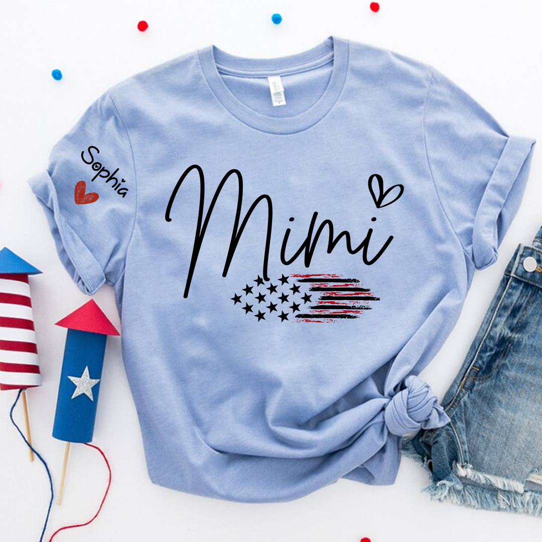 Personalized Mimi American Flag T-Shirt, Custom Design with Name, Patriotic Family Shirt for 4th of July, Gifts for Mother's Day, Birthday