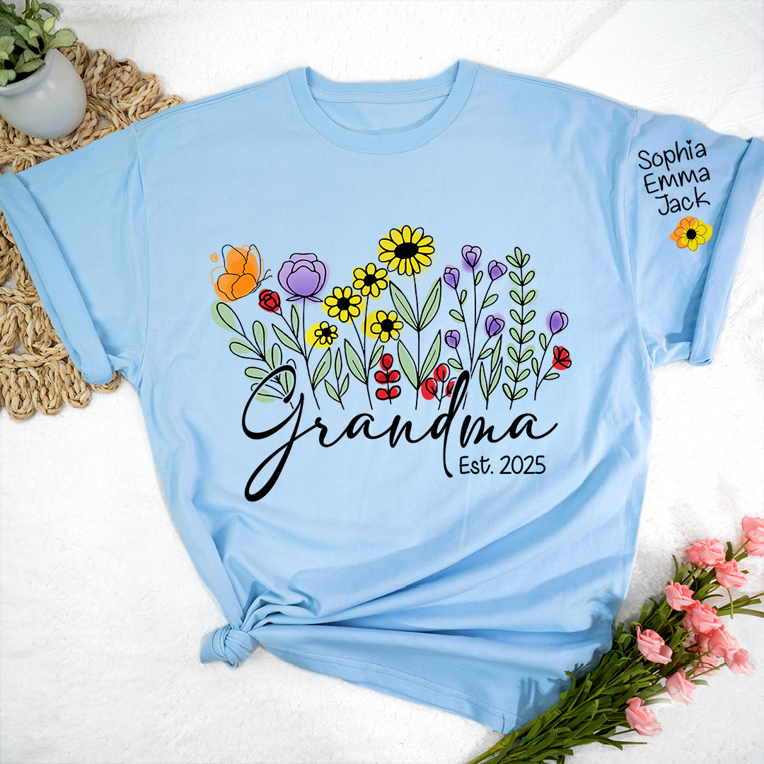 Grandma Est Flower Gift For Family T shirt, Custom Grandma And Kids