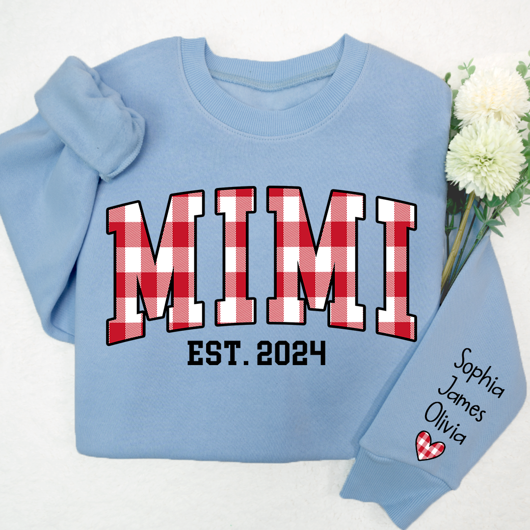Personalized Nickname Mimi Buffalo Plaid And GrandKids Names Christmas 2024 Sweatshirt