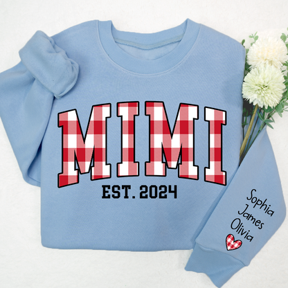 Personalized Nickname Mimi Buffalo Plaid And GrandKids Names Christmas 2024 Sweatshirt