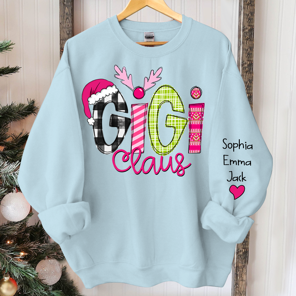 Custom Christmas Gigi Claus Pink And Grandkids Sweatshirt