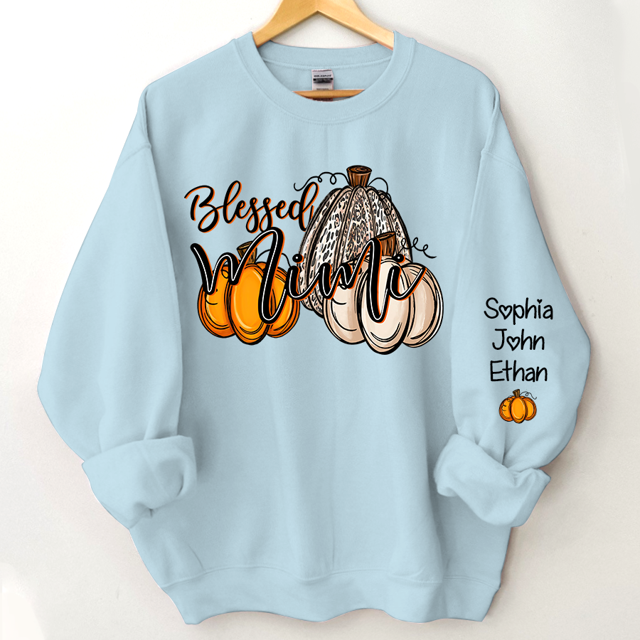 Blessed Mimi With Grandkids Names Thankful Fall Pumpkin Patch Sweatshirt