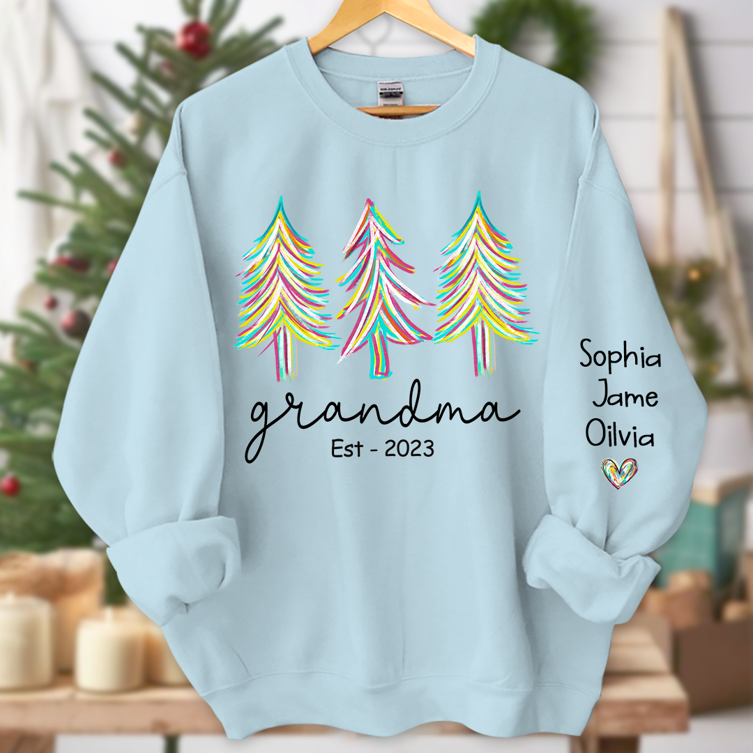 Grandma Est Christmas trees color paint And Grandkids Names Sweatshirt