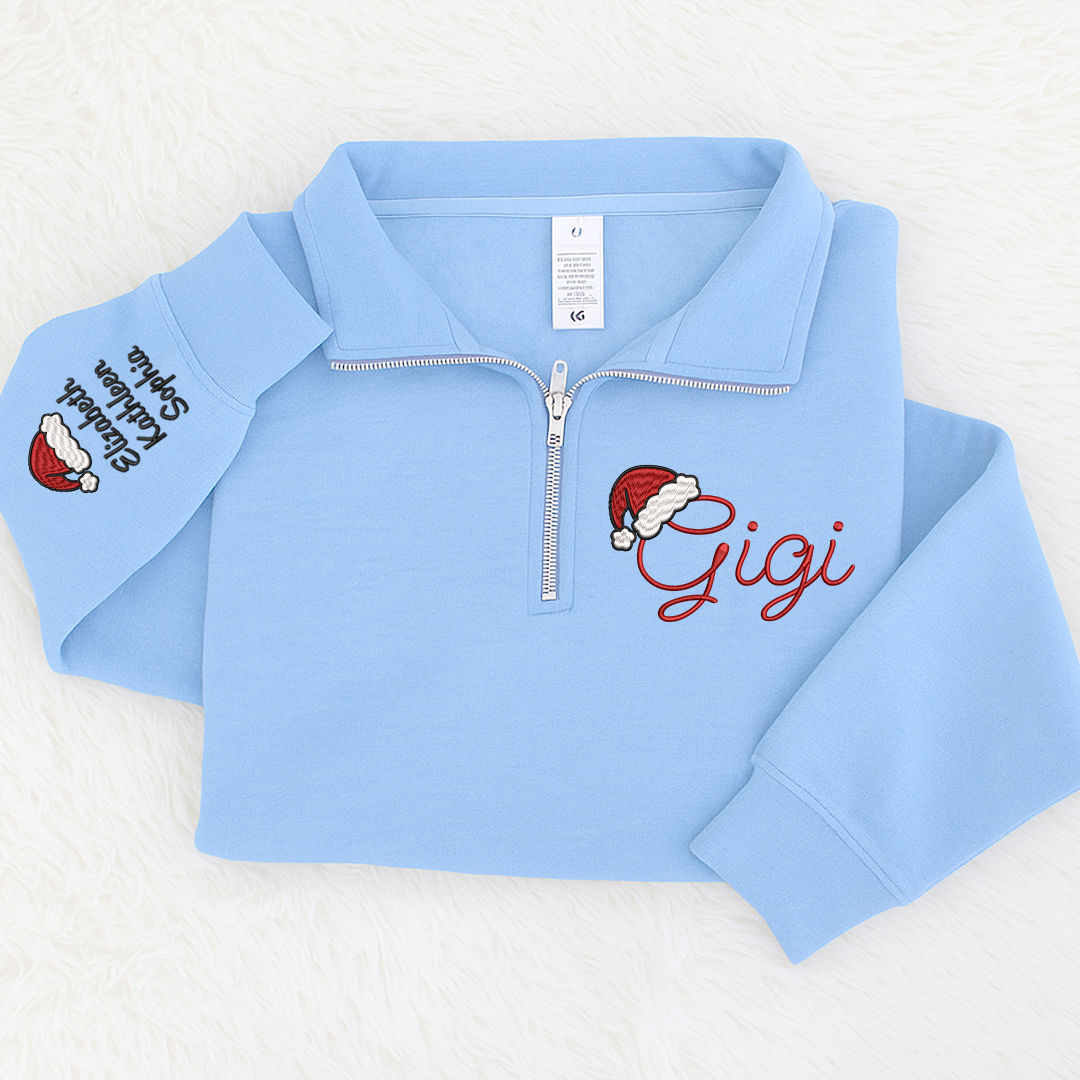 Gigi hat santa Merry Christmas Sweatshirt, Grandma And Grandkids Embroidered Quarter Zip Sweater