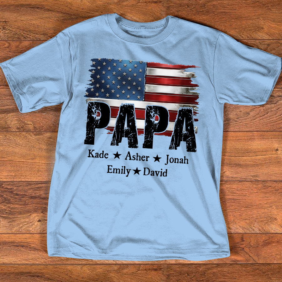 Personalized Papa Shirt Custom Kids Names Patriotic USA Flag, Custom Family Nickname for Dad Grandpa Birthday Father's Day Gift