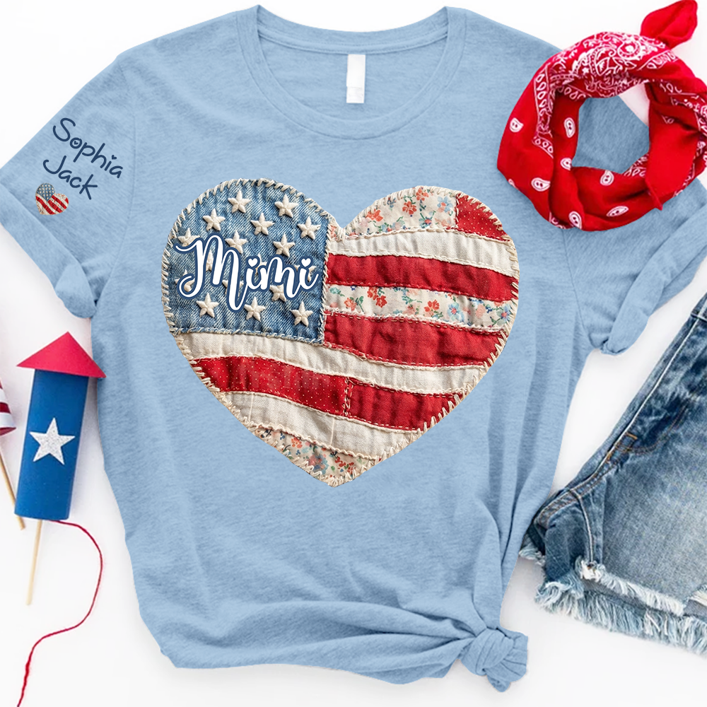 Personalized Patriotic Grandma Heart Shirt, Custom Mimi Nana Gigi Floral Flag Tee with Kids Names Sleeve, American Flag Patchwork 4th of July Gift for Grandma Mothers Day Birthday Shirt