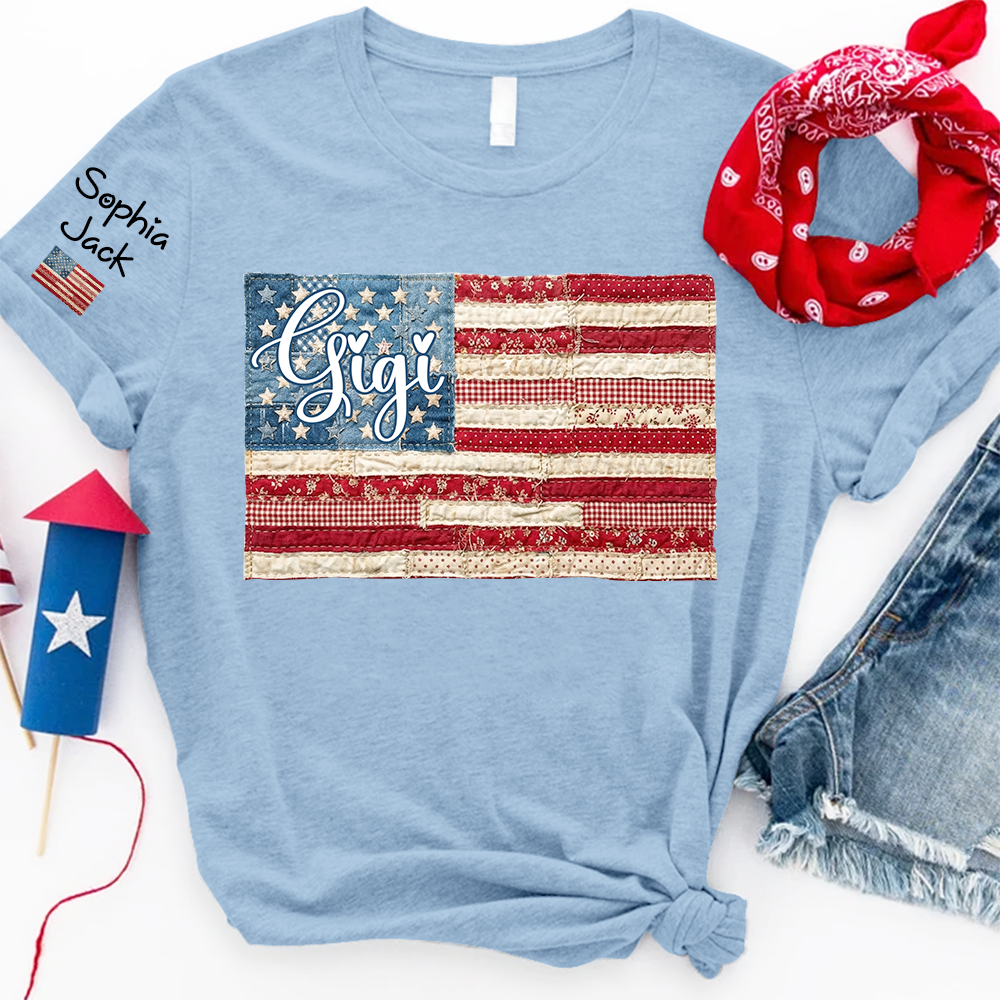 Personalized Gigi Patriotic Patchwork Flag Shirt with Custom Kids Names on Sleeve, Vintage Grandma Family Shirt for Women, 4th of July Birthday Shirt