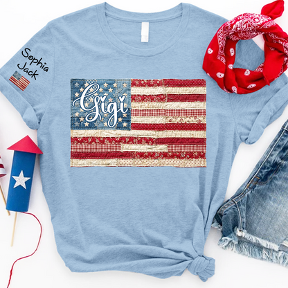 Personalized Gigi Patriotic Patchwork Flag Shirt with Custom Kids Names on Sleeve, Vintage Grandma Family Shirt for Women, 4th of July Birthday Shirt