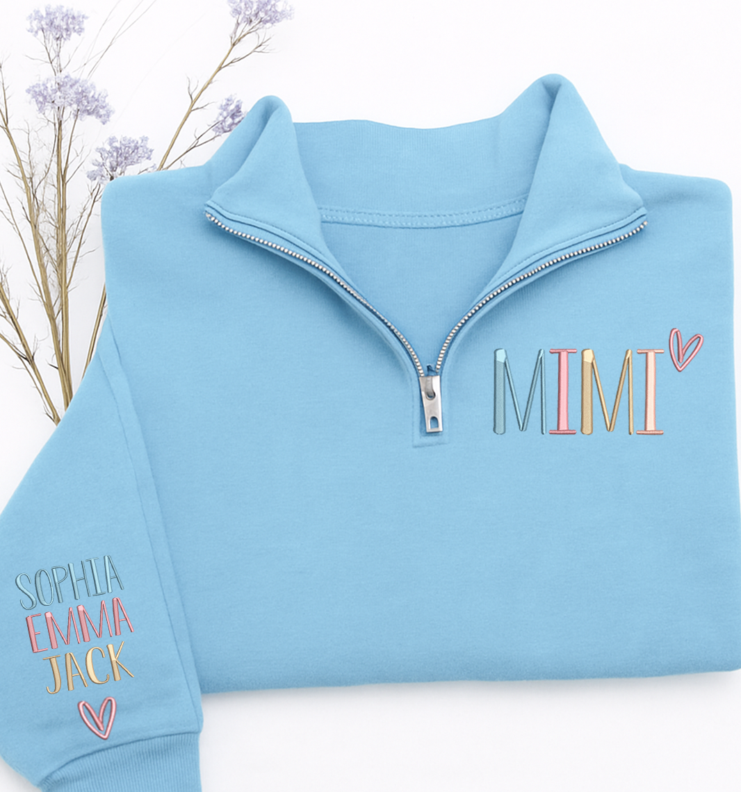 Mimi color Heart Sweatshirt, Personalized Mimi Embroidered Quarter Zip Sweater