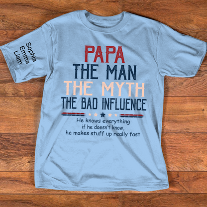 Personalized Papa The Man The Myth The Dad Influence Shirt, Custom Kids Names Sleeve Tee for Grandpa Dad Father Birthday Gift