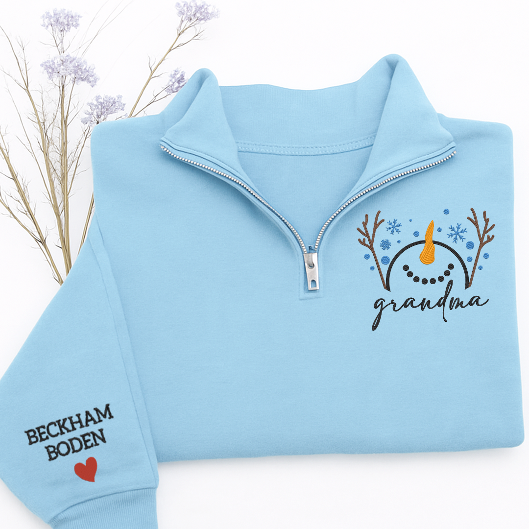 Custom Embroidered Grandma Snowman Sweatshirt And Grandkids Quarter Zip Sweater