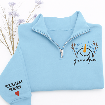 Custom Embroidered Grandma Snowman Sweatshirt And Grandkids Quarter Zip Sweater