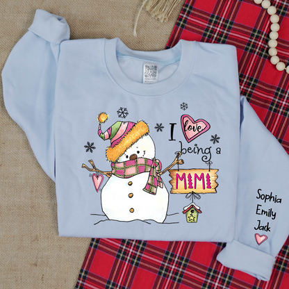 I love being Mimi Snowman Pink Christmas And Grandkids Sweatshirt