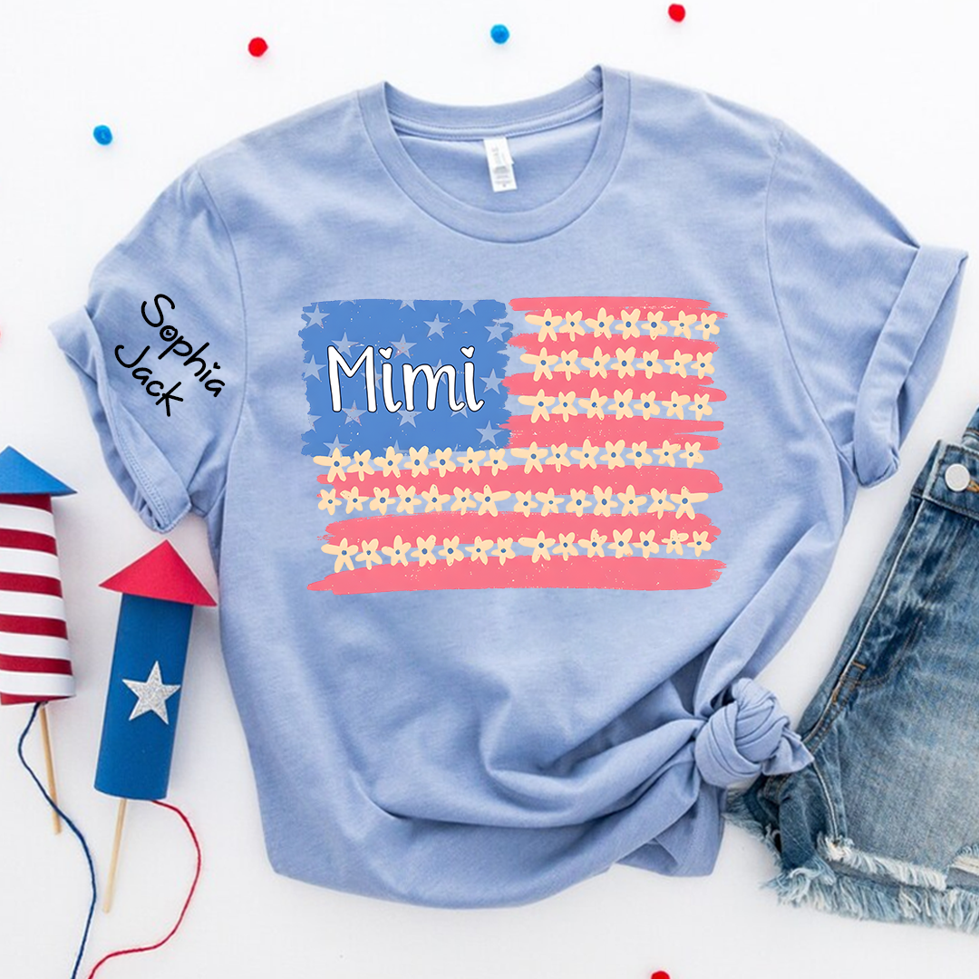 Personalized Mimi Flag Flower American T-shirt , Personalized Mimi Gigi Grandma Nana Shirt for 4th of July, Mother's Day, Birthday Gift, Custom Family Names