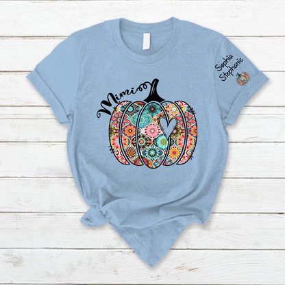 Personalized Mimi Pumpkin With Grandkids Flower T-Shirt
