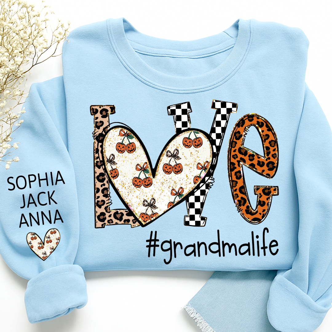 Love grandmalife Pumpkin Leopard Gift For Grandma And Grandkids Names on Sleeve Sweatshirt