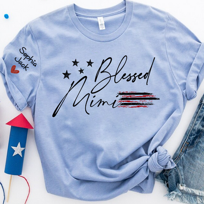 Personalized Blessed Mimi Flag American T-shirt, Custom Family Nickname Shirt with USA Flag Design for 4th of July, Perfect for Nana, Gigi, Grandma