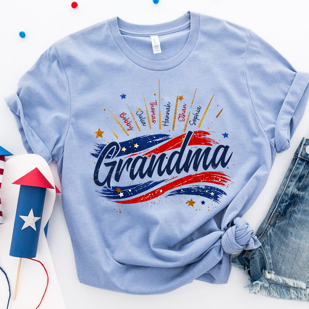 Personalized Grandma Shirt, Custom American Flag Design with Kids' Names, Family T Shirt for 4th of July
