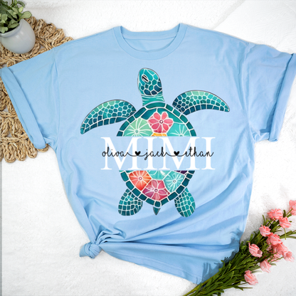 Personalized Mimi Sea Turtle Shirt, Custom Kids Names Floral Tee, Custom Family Names Gift for Grandma Shirt
