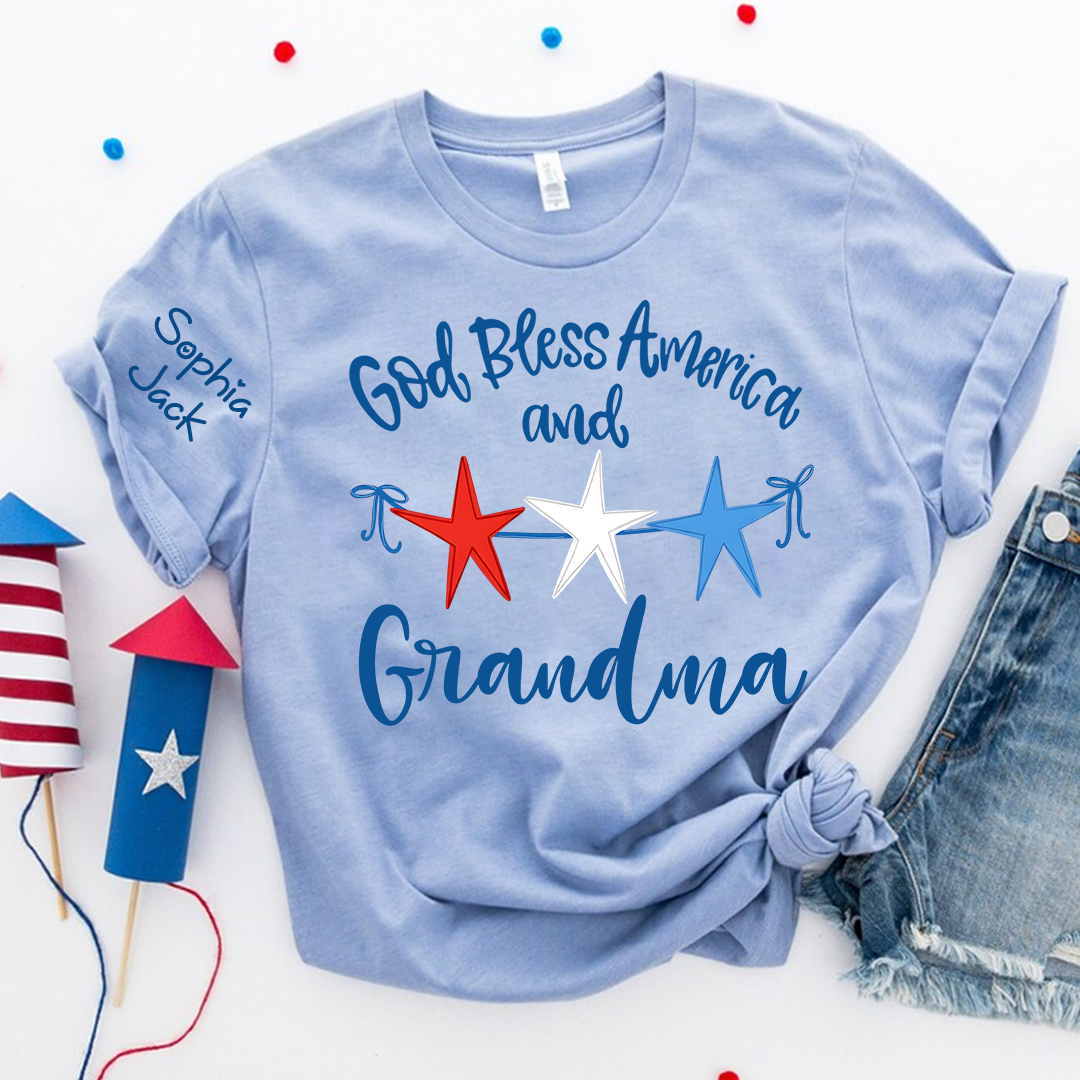 Personalized Custom God Bless America And Grandma T-shirt with Stars Design, Grandma Gigi Mama Mimi Shirt for 4th of July, Patriotic Gift for Mother's Day