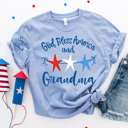 Personalized Custom God Bless America And Grandma T-shirt with Stars Design, Grandma Gigi Mama Mimi Shirt for 4th of July, Patriotic Gift for Mother's Day