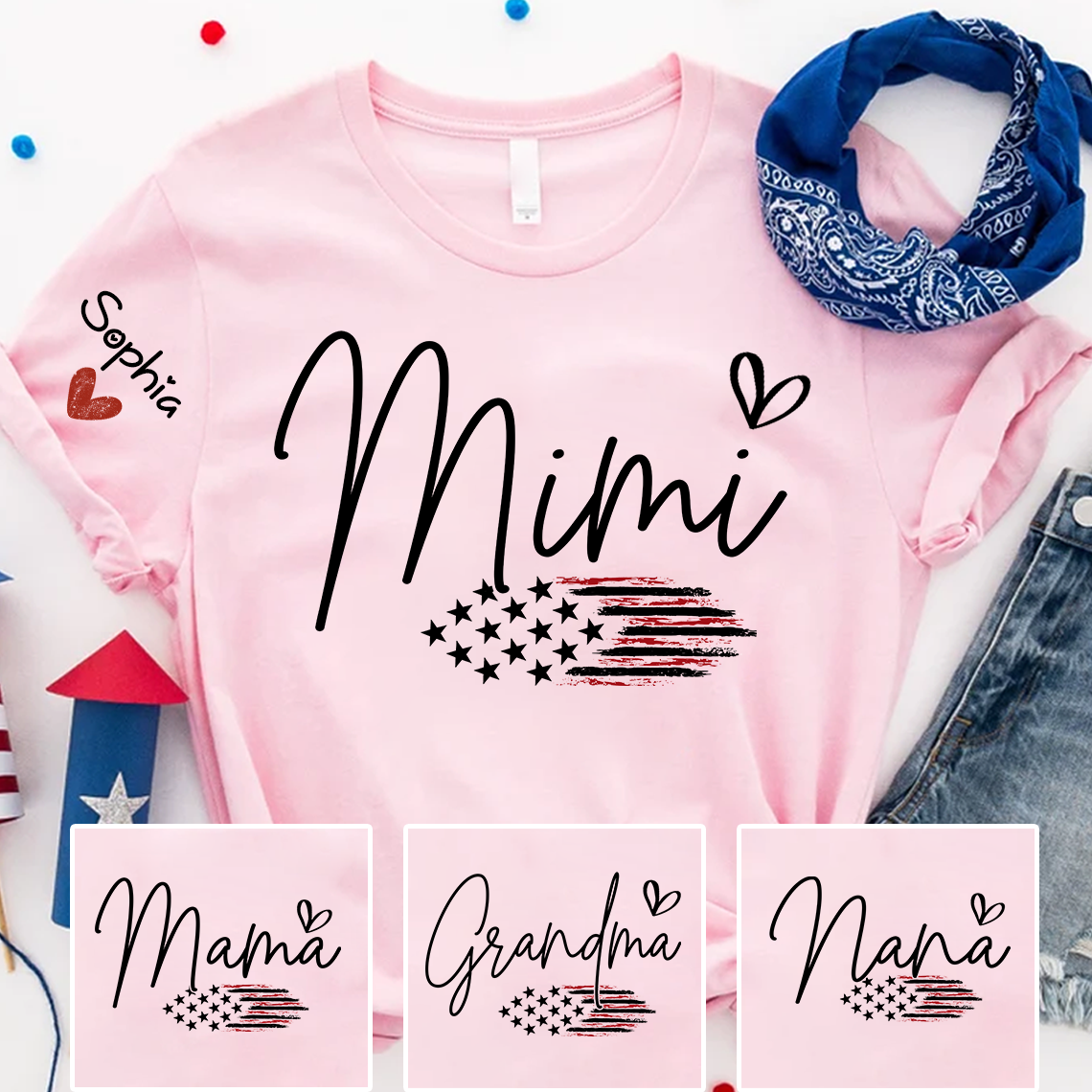 Personalized Mimi American Flag T-Shirt, Custom Design with Name, Patriotic Family Shirt for 4th of July, Gifts for Mother's Day, Birthday