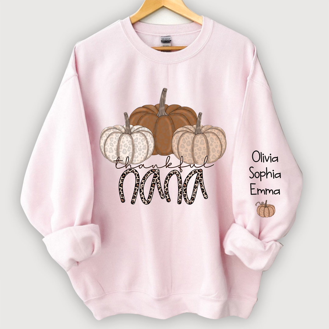Thankful Nana Pumpkin Leopard and Grandkids on sleeve Sweatshirt