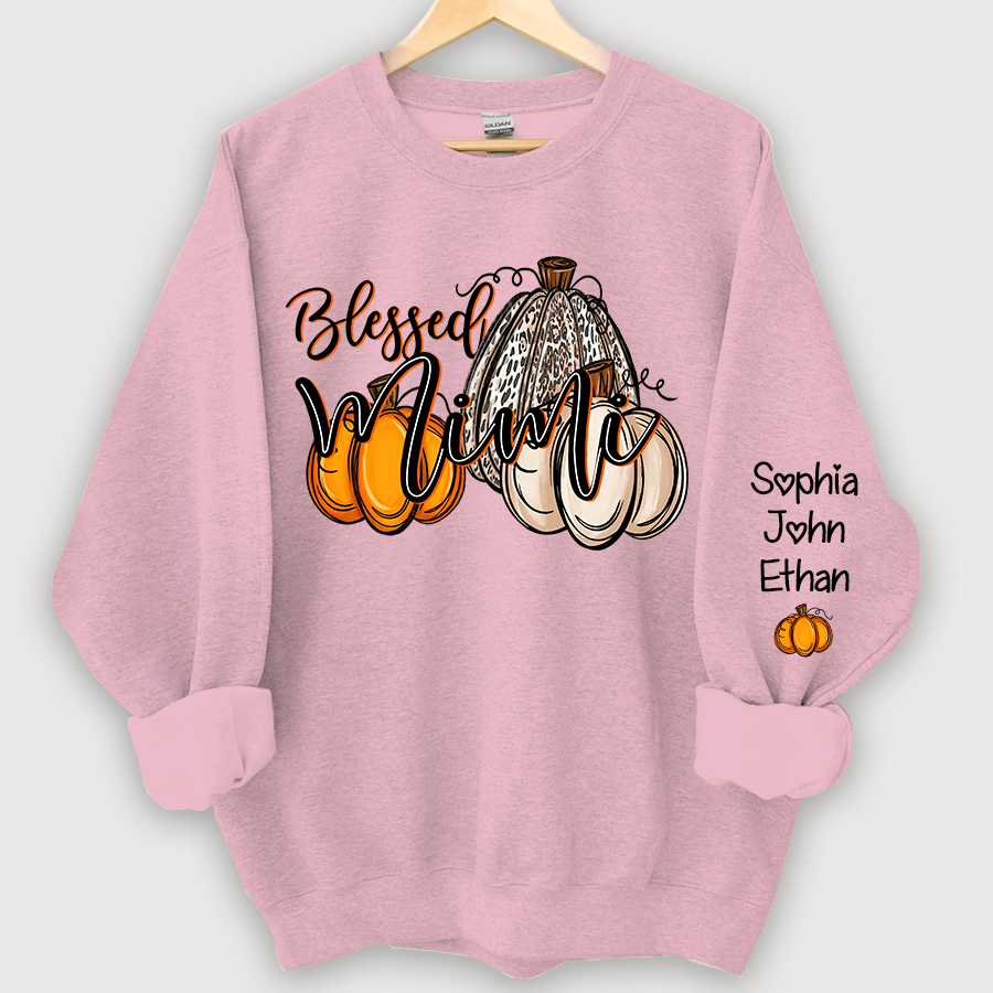 Blessed Mimi With Grandkids Names Thankful Fall Pumpkin Patch Sweatshirt