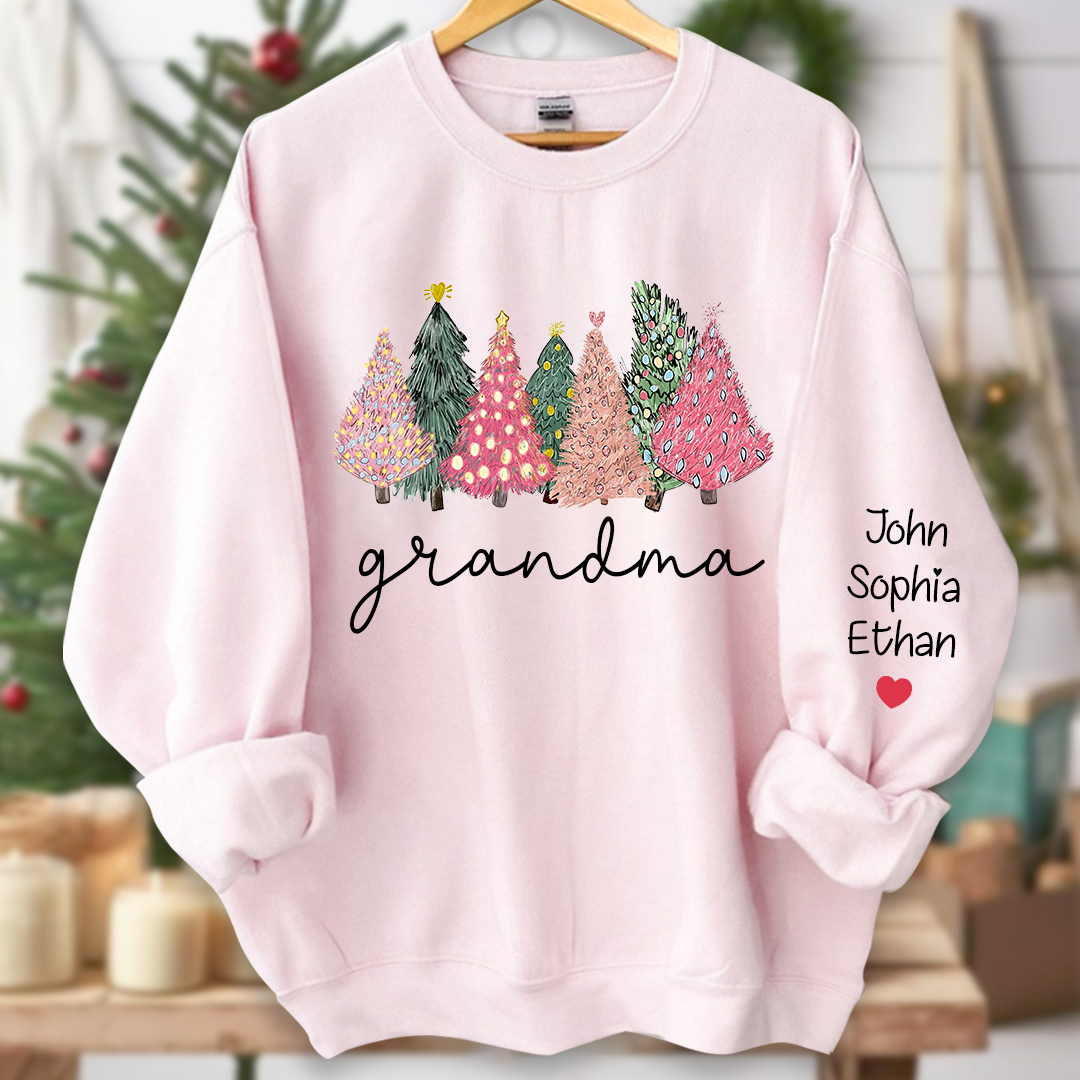 Grandma Christmas trees lights snow pink green cozy winter And Grandkids Names  Sweatshirt