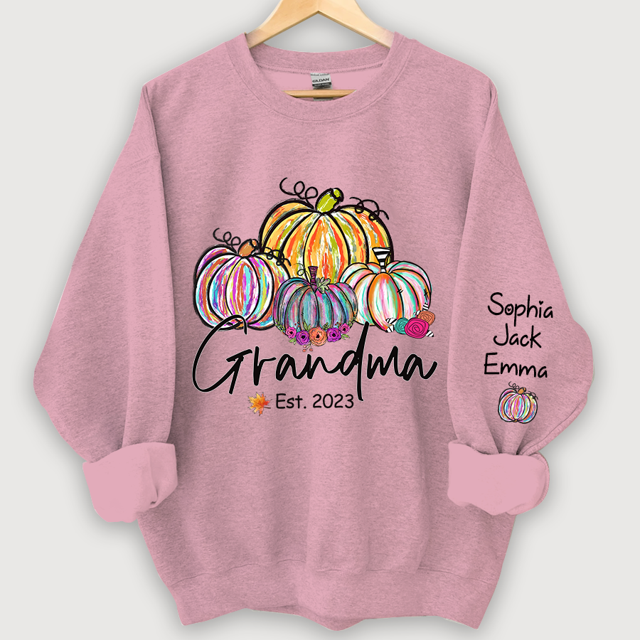 Personalized Grandma Est Painted Color Pumpkin And Grandkids Autumn Sweatshirt