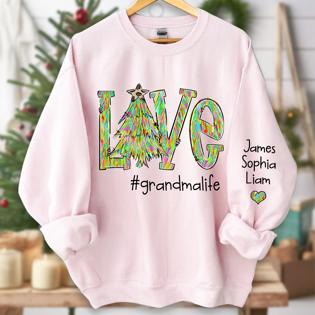 Love Tree Color Leopard Print Merry Christmas Grandmalife and Grandkids on sleeve Sweatshirt