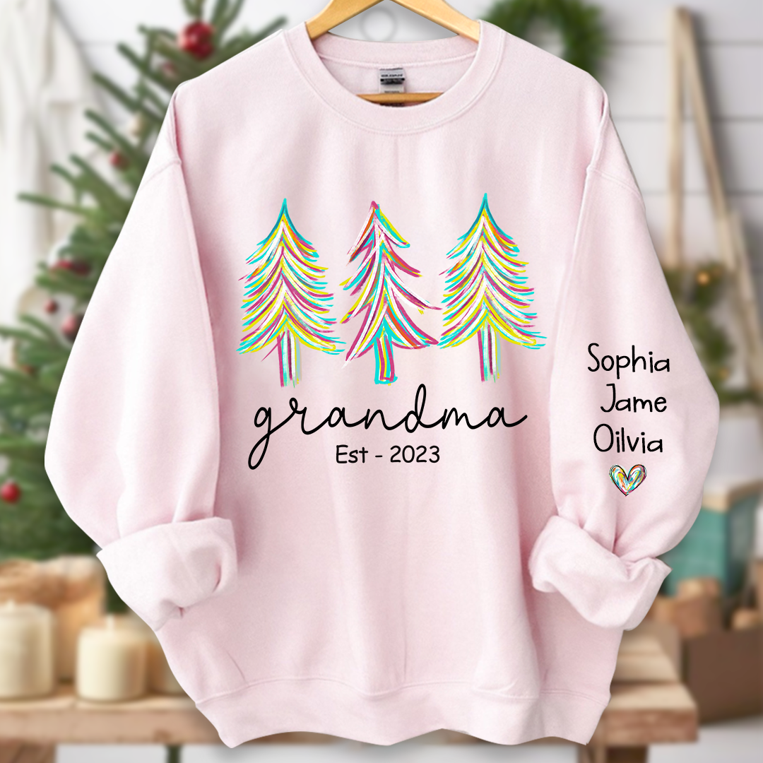 Grandma Est Christmas trees color paint And Grandkids Names Sweatshirt