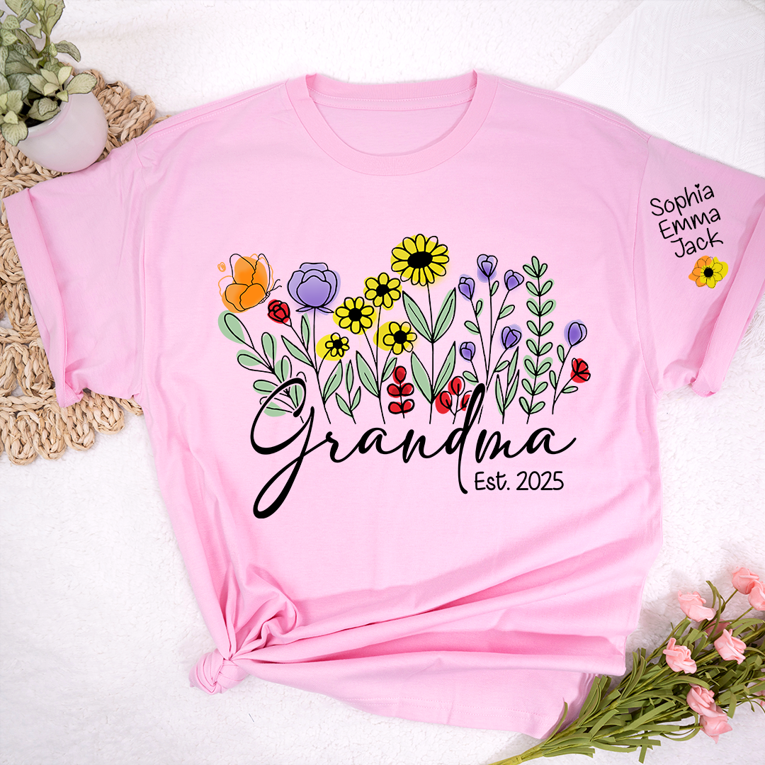 Grandma Est Flower Gift For Family T shirt, Custom Grandma And Kids