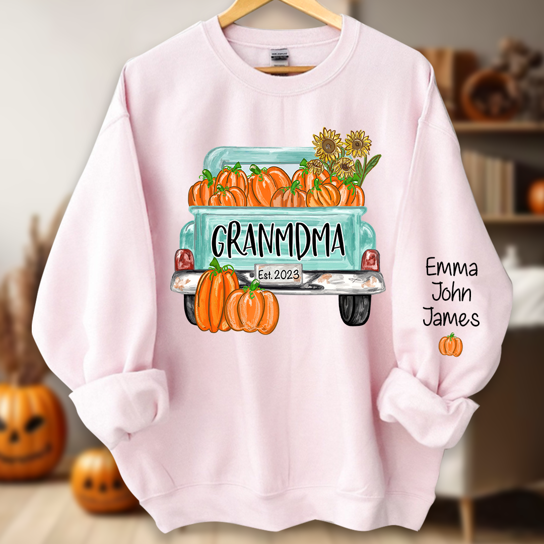 Grandma Truck with Pumpkins Flower Autumn And Grandkids Sweatshirt