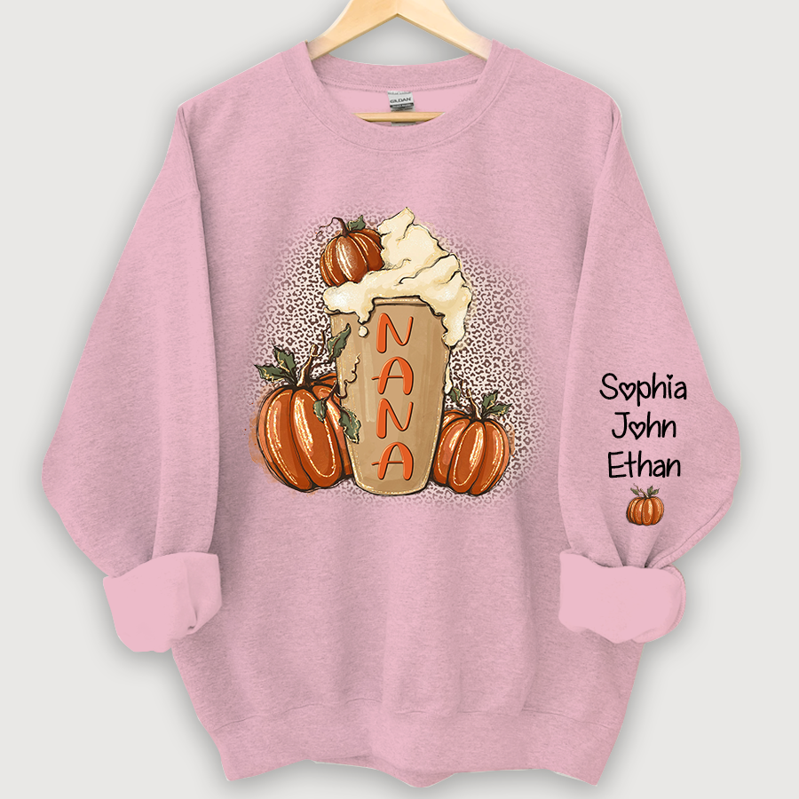Personalized Nana Latte With Pumpkin Grandkids Fall Latte Coffie Sweatshirt