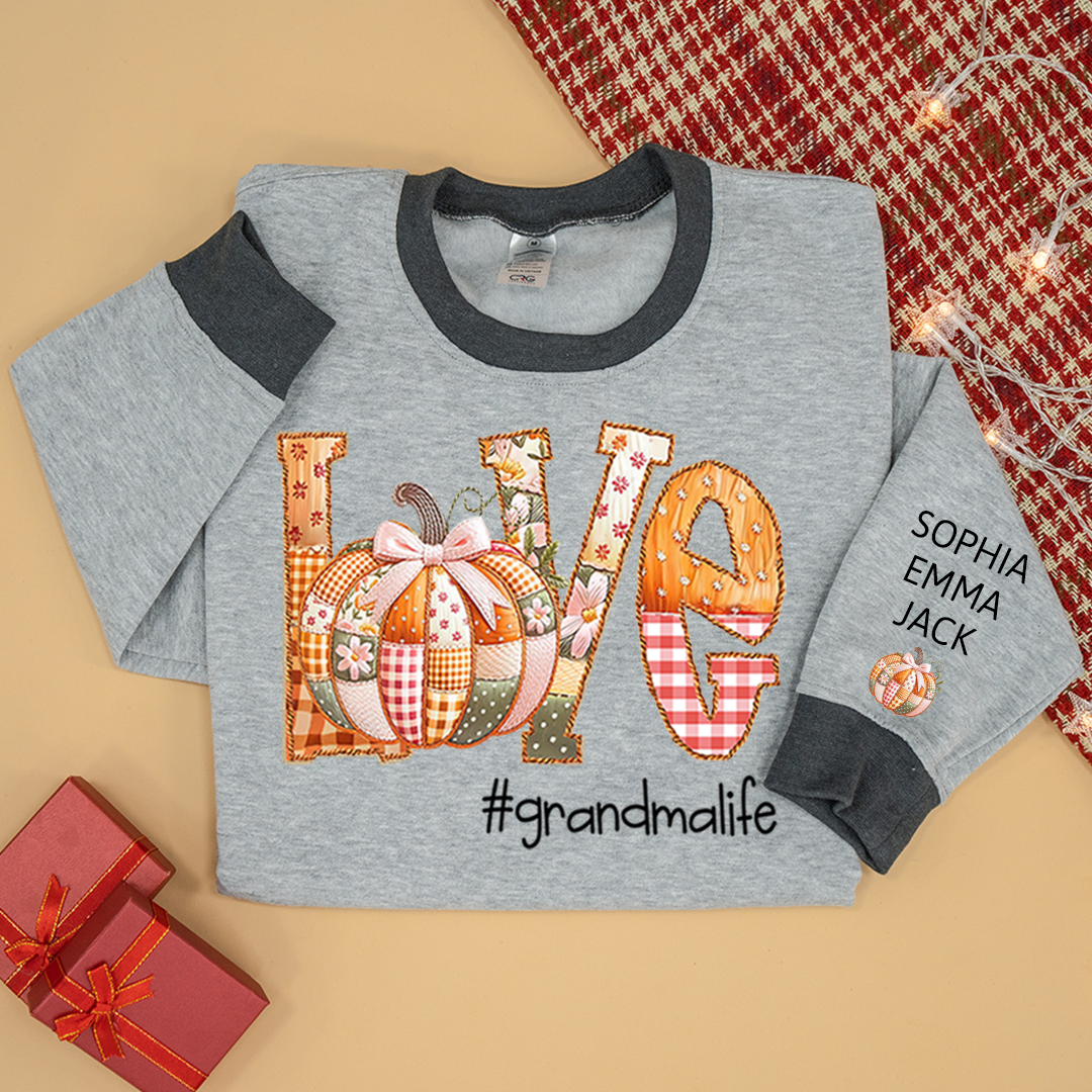 Personalized Love Grandmalife Pumpkin Patchwork Fall with Grandkids Names, Holiday Design, Cozy Family Gift for Grandma Sweatshirt Mix