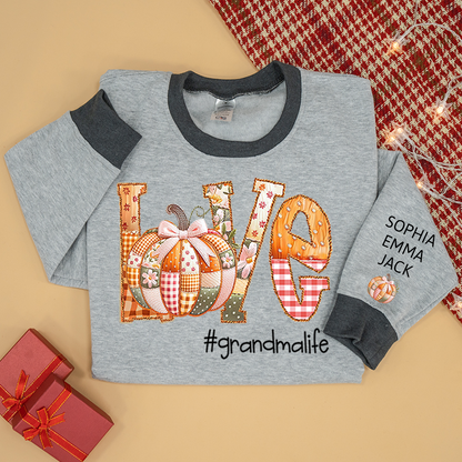Personalized Love Grandmalife Pumpkin Patchwork Fall with Grandkids Names, Holiday Design, Cozy Family Gift for Grandma Sweatshirt Mix