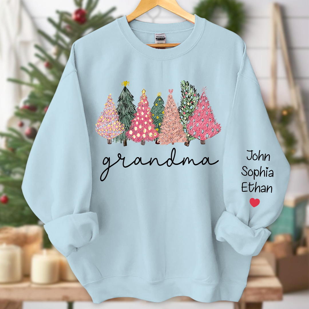 Grandma Christmas trees lights snow pink green cozy winter And Grandkids Names  Sweatshirt