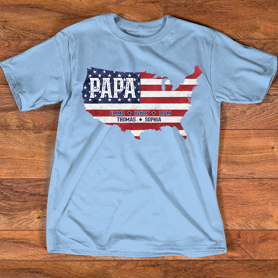 Personalized Papa American Flag Map Shirt Custom Kids Names, Patriotic Family Shirt for Dad Grandpa, Father's Day 4th of July