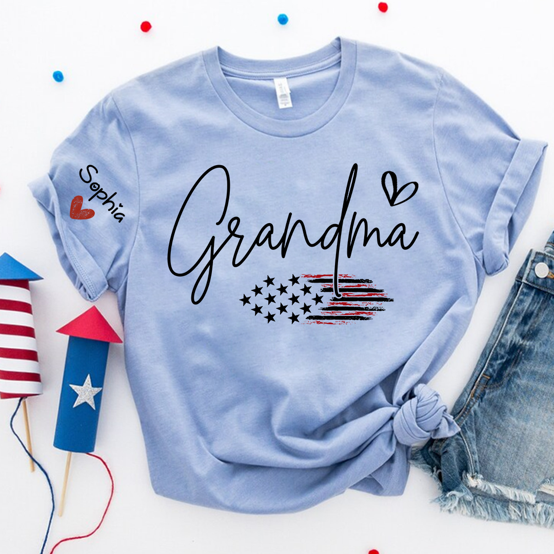 Personalized Grandma American Flag T-Shirt, Custom Design with Name, Patriotic Family Shirt for 4th of July, Gifts for Mother's Day, Birthday