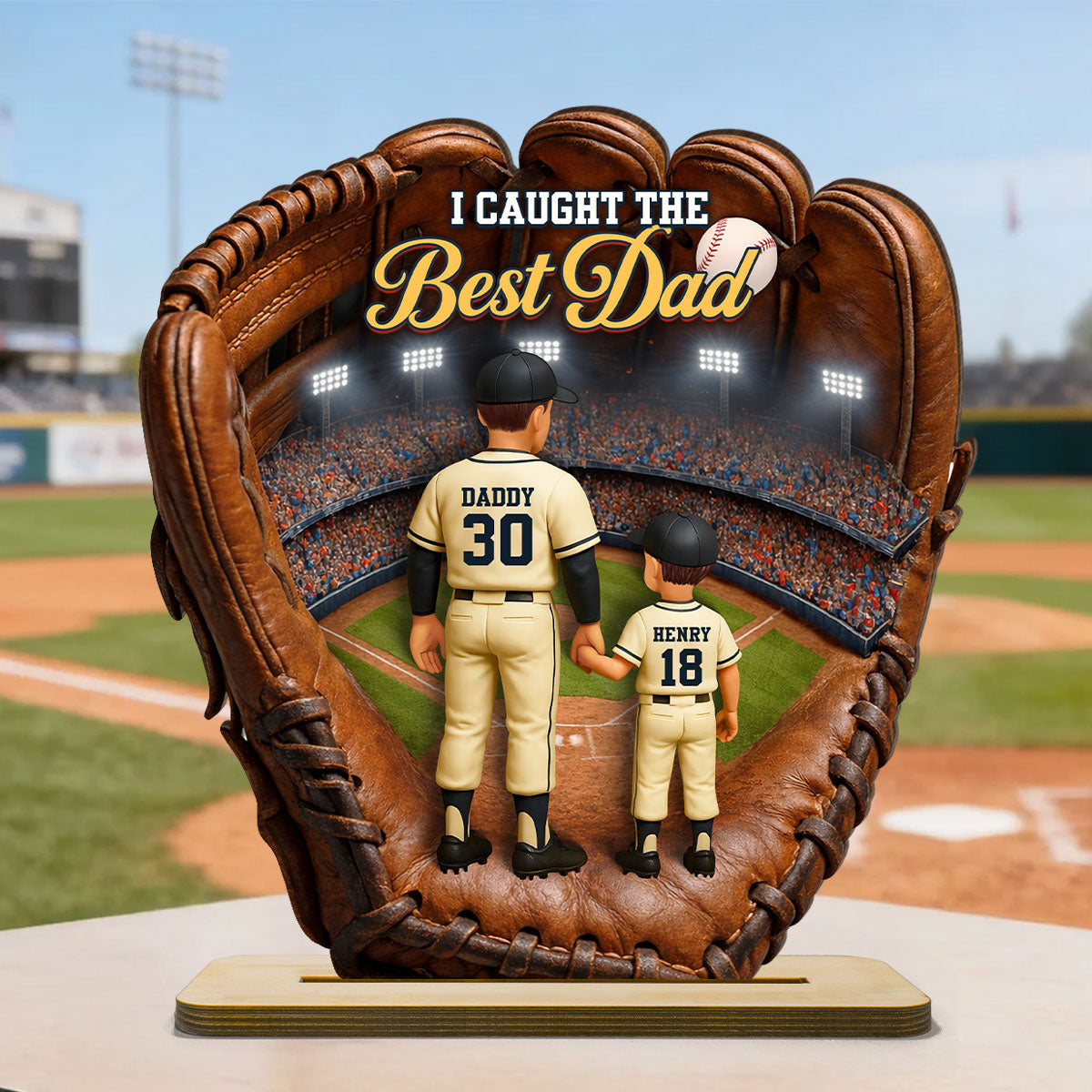 Personalized Baseball Glove Wooden Plaque for Dad – Custom Baseball Dad Gift with Kids Names, Father’s Day Decor 2-Layered Wooden Plaque