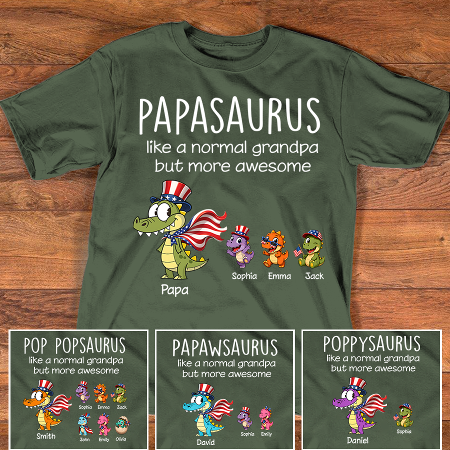 Personalized Papa Dinosaur Shirt with Custom Kids Names, Funny Grandpa Family T Shirt for Papa Grandfather,  Patriotic Grandpa Family, U.S. 250th Anniversary 1776 2026 Gift For Fathers Day Birthday