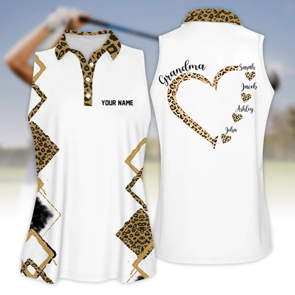Personalized Name Leopard Grandma with Grandkids Sleeveless Polo Shirt, Gift for Mother's Day