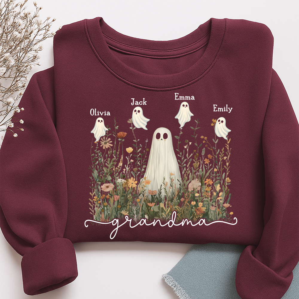 Grandma Cute Ghost in Wildflowers Halloween And Grandkids Sweatshirt