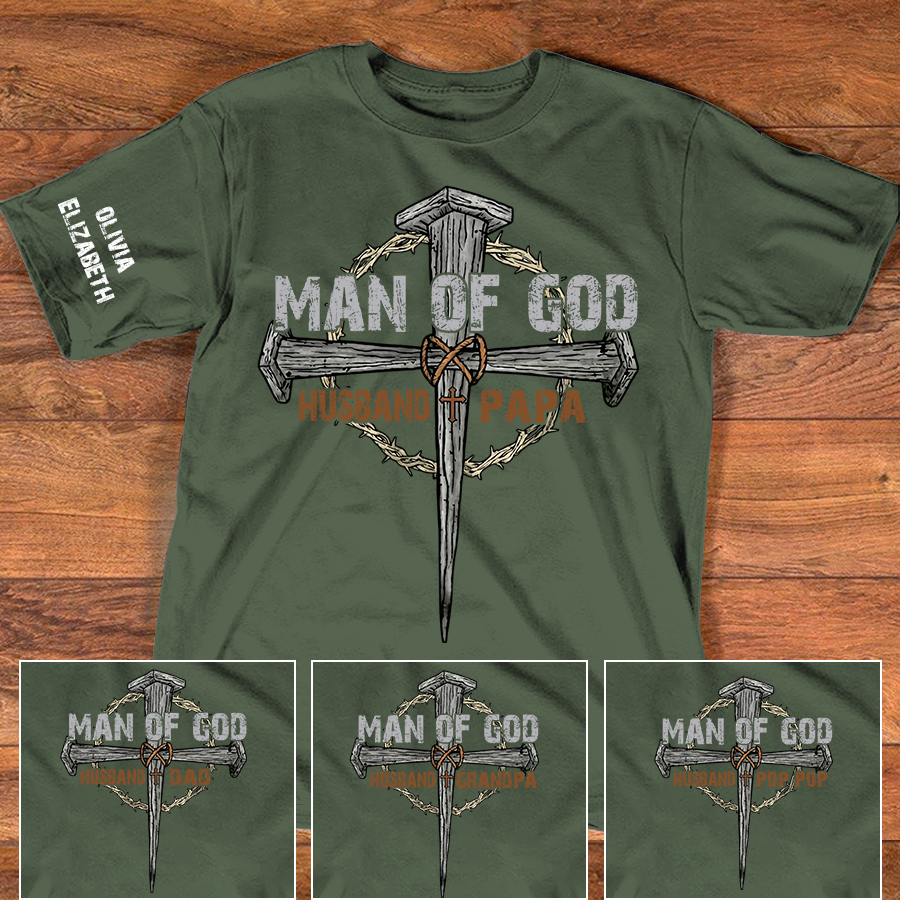 Personalized Man of God Shirt with Custom Kids Names on Sleeve, Christian Papa Shirt, Husband Faith Cross T Shirt, Religious Father's Day Gift for Dad Grandpa