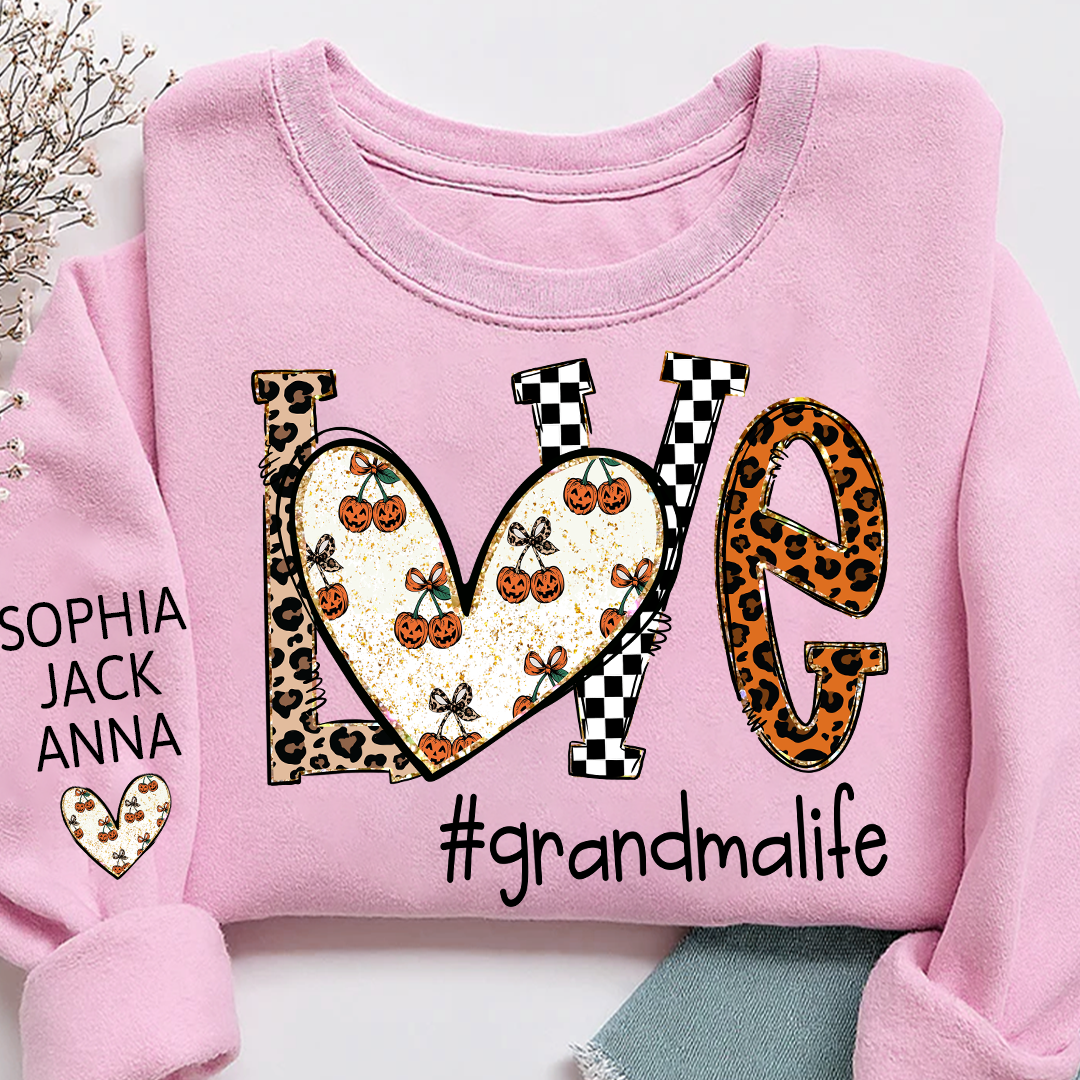 Love grandmalife Pumpkin Leopard Gift For Grandma And Grandkids Names on Sleeve Sweatshirt