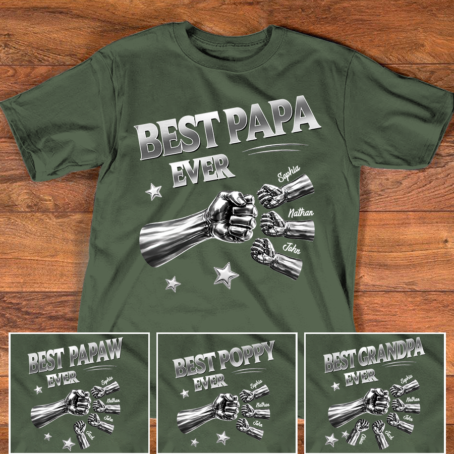 Best Papa Ever Shirt Personalized with Grandkids Names, Custom Family Fist Bump Design, Fathers Day Shirt for Papa Grandpa Dad