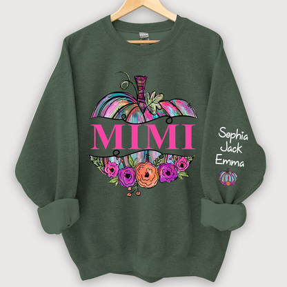 Personalized Mimi Painted Pumpkin And Grandkids Autumn Sweatshirt