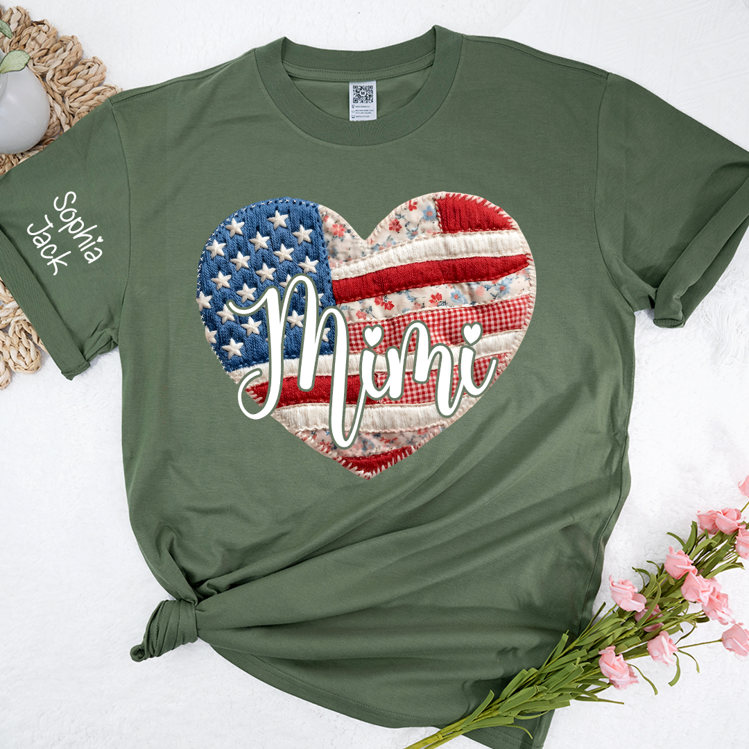 Custom Heart Flag T-Shirt, Personalized American Flag Design for Mimi, Gigi, Grandma, Nana, Patriotic Shirt for Mother's Day, Independence Day, and Birthday Gifts
