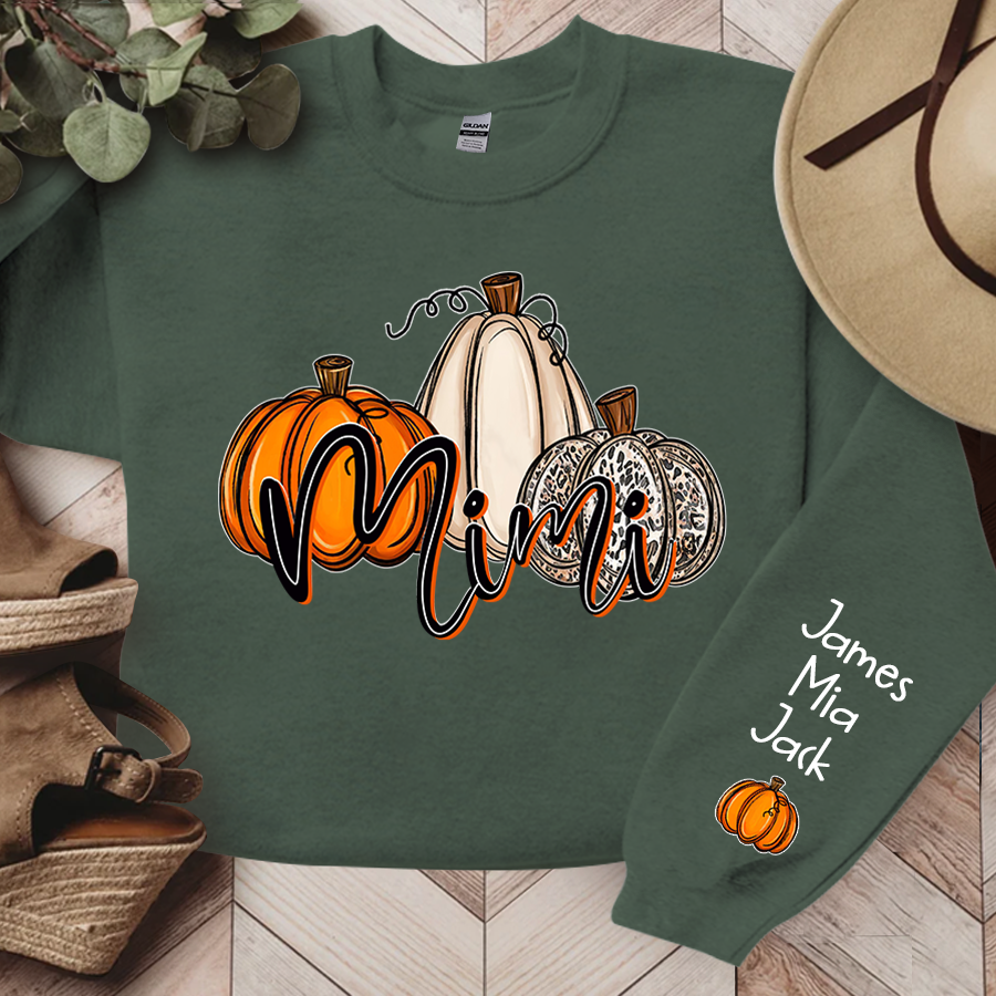 Personalized Mimi Sweatshirt With Grandkid Names On Sleeve, Custom Grandma Mimi Nana Pumpkins Autumn Sweatshirt